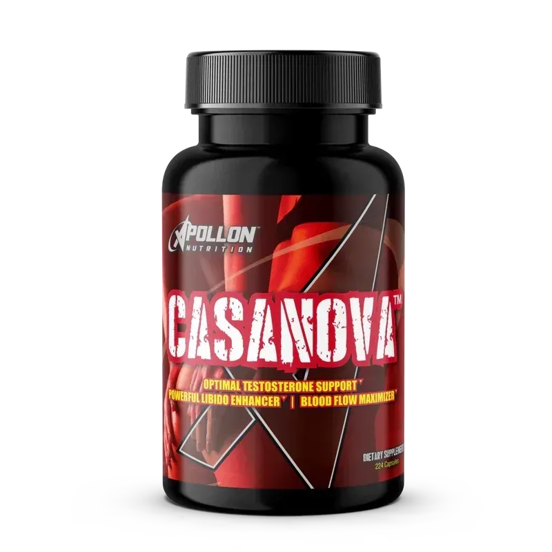 Apollon Nutrition Casanova supplement bottle, black with red label, optimal testosterone support, libido enhancer, and blood flow maximizer for men's health.