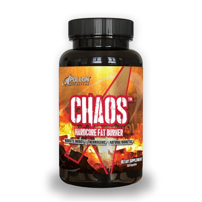 Apollon Nutrition Chaos V5 fat burner supplement bottle, black with orange and red label, featuring the brand and product name prominently.