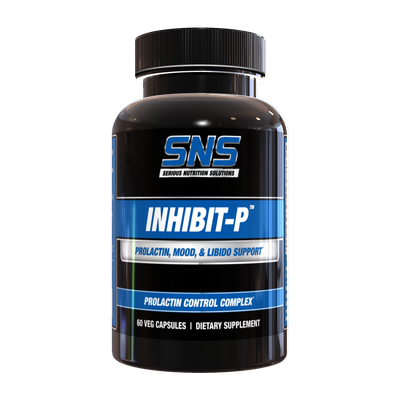 Serious Nutrition Solutions Inhibit-P dietary supplement bottle, 60 veg capsules, prolactin control complex for mood, libido support.