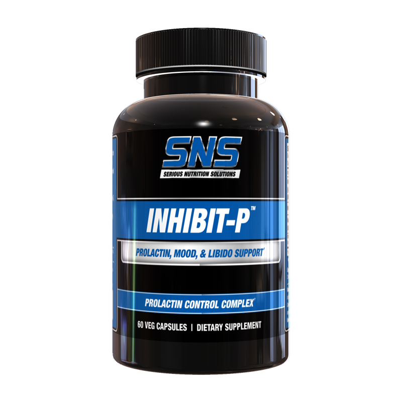 Serious Nutrition Solutions Inhibit-P dietary supplement bottle, 60 veg capsules, prolactin control complex for mood, libido support.