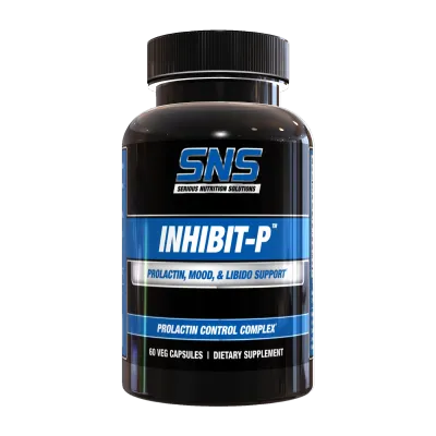 Serious Nutrition Solutions Inhibit-P, a black bottle with blue and white label, 60 veg capsules for prolactin, mood, and libido support.