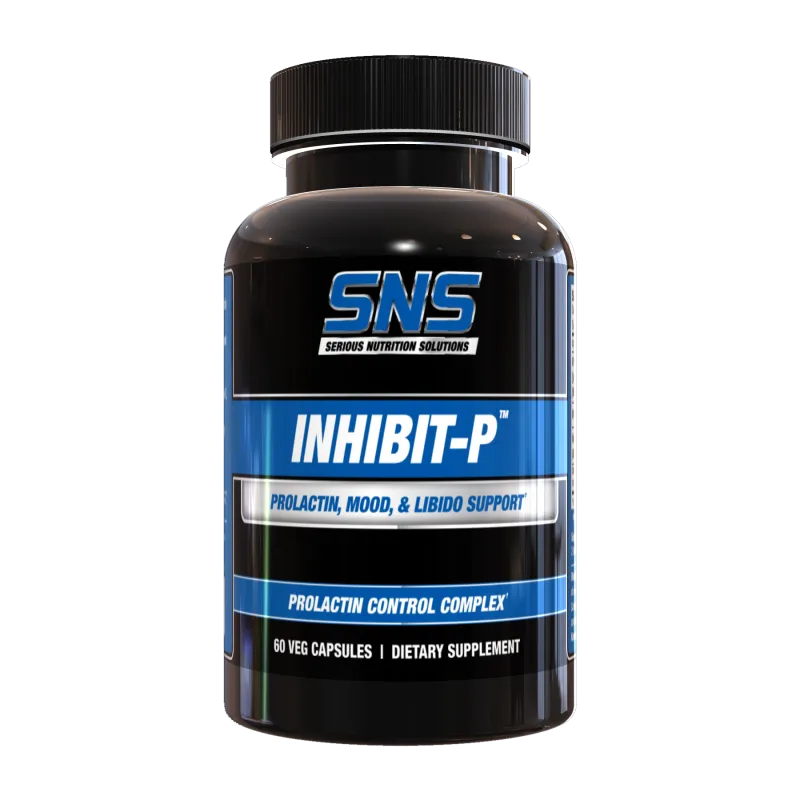Serious Nutrition Solutions Inhibit-P, a black bottle with blue and white label, 60 veg capsules for prolactin, mood, and libido support.