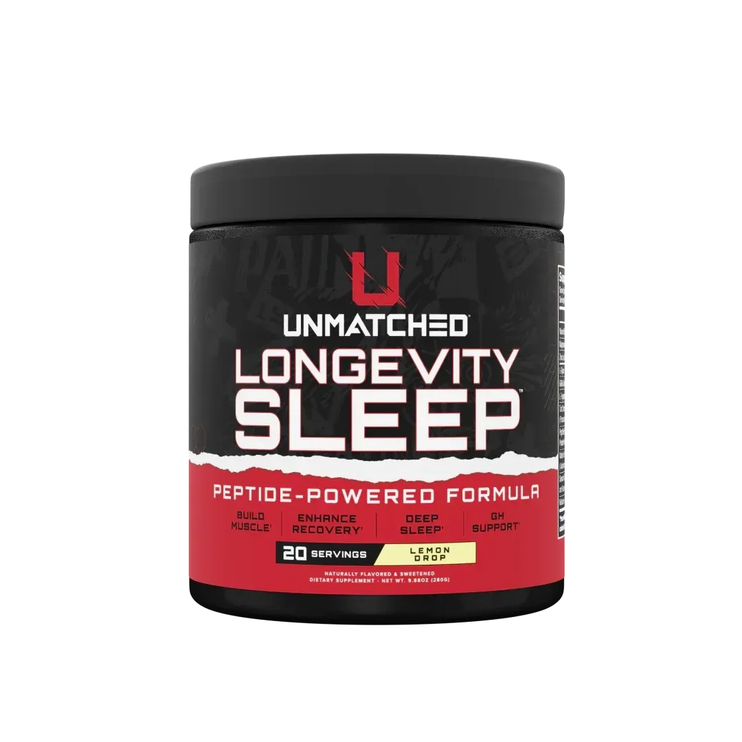 Unmatched Supps Longevity Sleep, a peptide-powered formula supplement in a black and red container with 20 servings, labeled as Lemon Drop flavor.