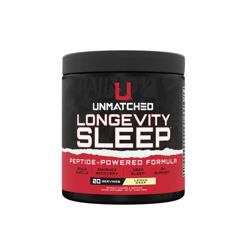 Unmatched Supps Longevity Sleep, a peptide-powered formula supplement in a black and red container with 20 servings, labeled as Lemon Drop flavor.