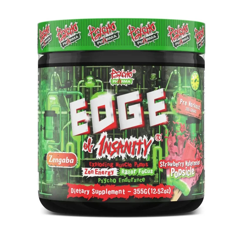 Psycho Pharma Edge of Insanity pre-workout, green container, strawberry watermelon popsicle flavor, 355g or 12.52oz, dietary supplement.
