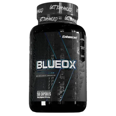 Enhanced Labs Blue Ox, 150 capsules, daily testosterone support supplement, black bottle with blue accents and white text.