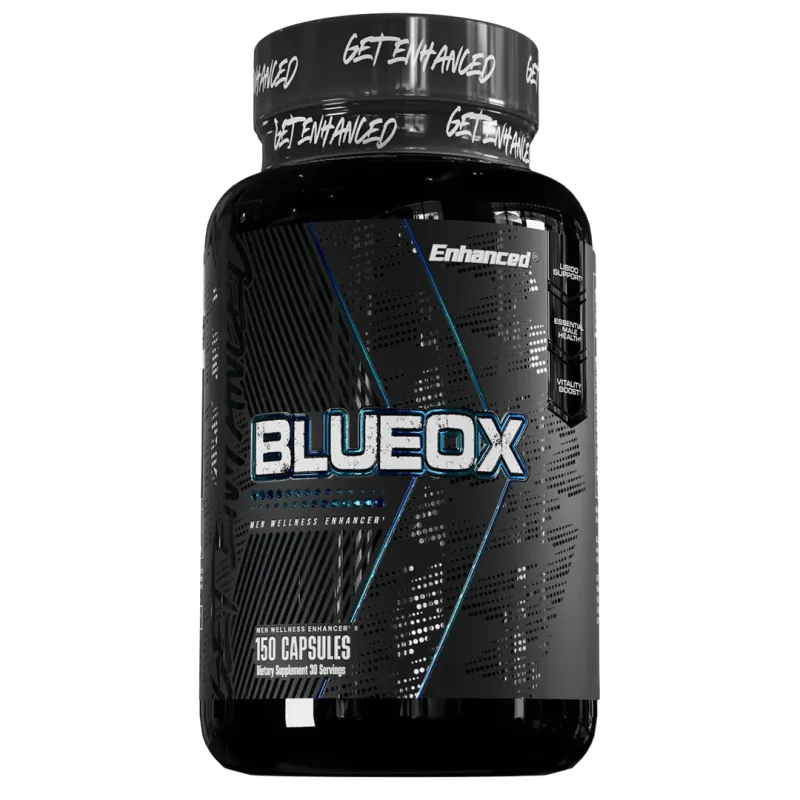 Enhanced Labs Blue Ox, 150 capsules, daily testosterone support supplement, black bottle with blue accents and white text.