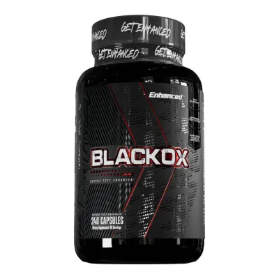 Enhanced Labs Black Ox, a testosterone support supplement, 240 capsules in a black bottle with white and red labeling.