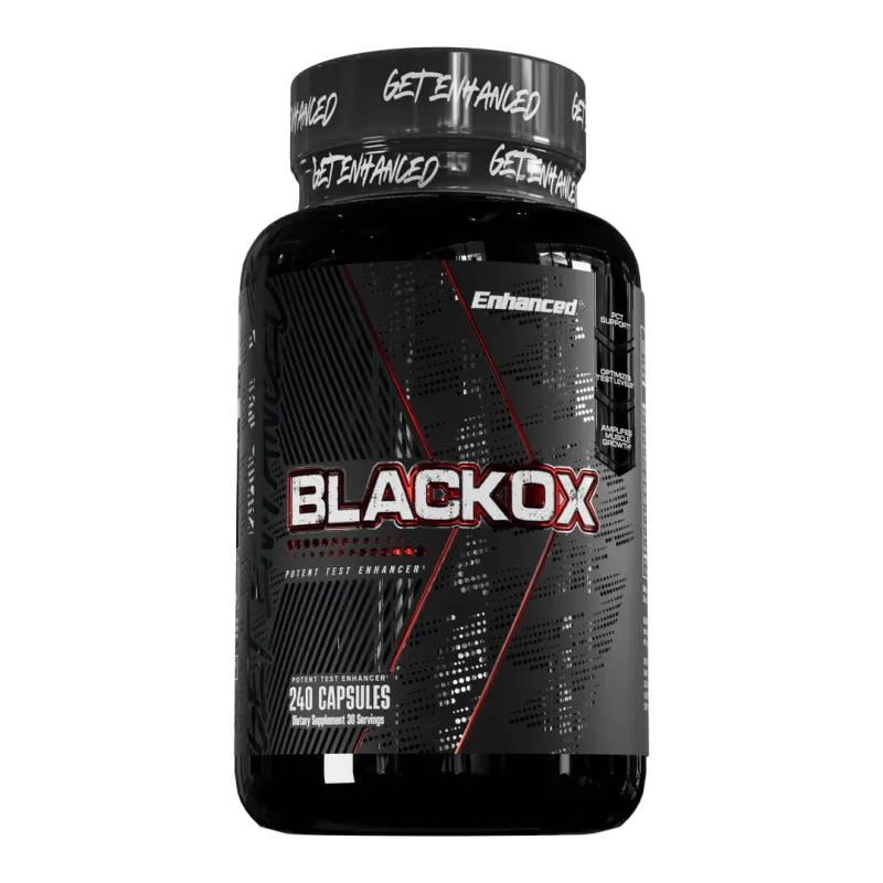 Enhanced Labs Black Ox, a testosterone support supplement, 240 capsules in a black bottle with white and red labeling.