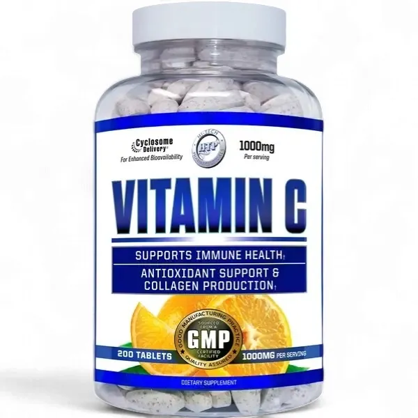 Hi-Tech Vitamin C supplement bottle with 200 tablets, 1000mg per serving, supporting immune health and antioxidant support.