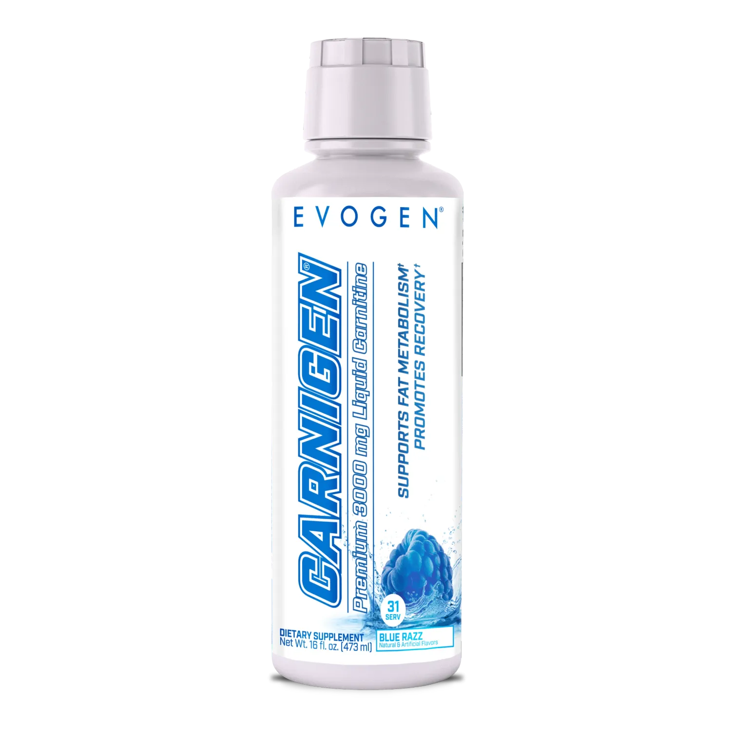 Evogen Carnigen Premium Liquid Carnitine, 3000mg, blue razz flavor, white bottle with blue label.
