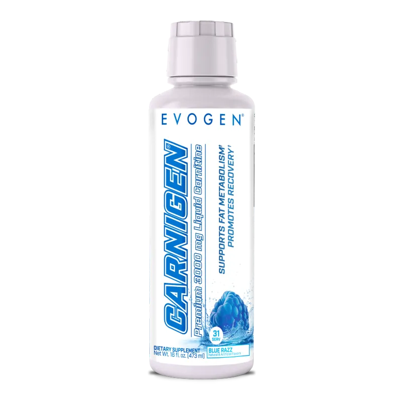 Evogen Carnigen Premium Liquid Carnitine, 3000mg, blue razz flavor, white bottle with blue label.