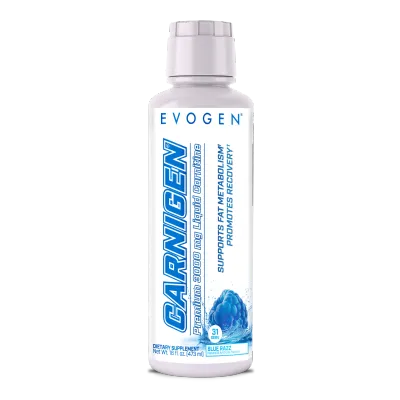 Evogen Carnigen Premium Liquid Carnitine, 3000mg, blue razz flavor, white bottle with blue label.