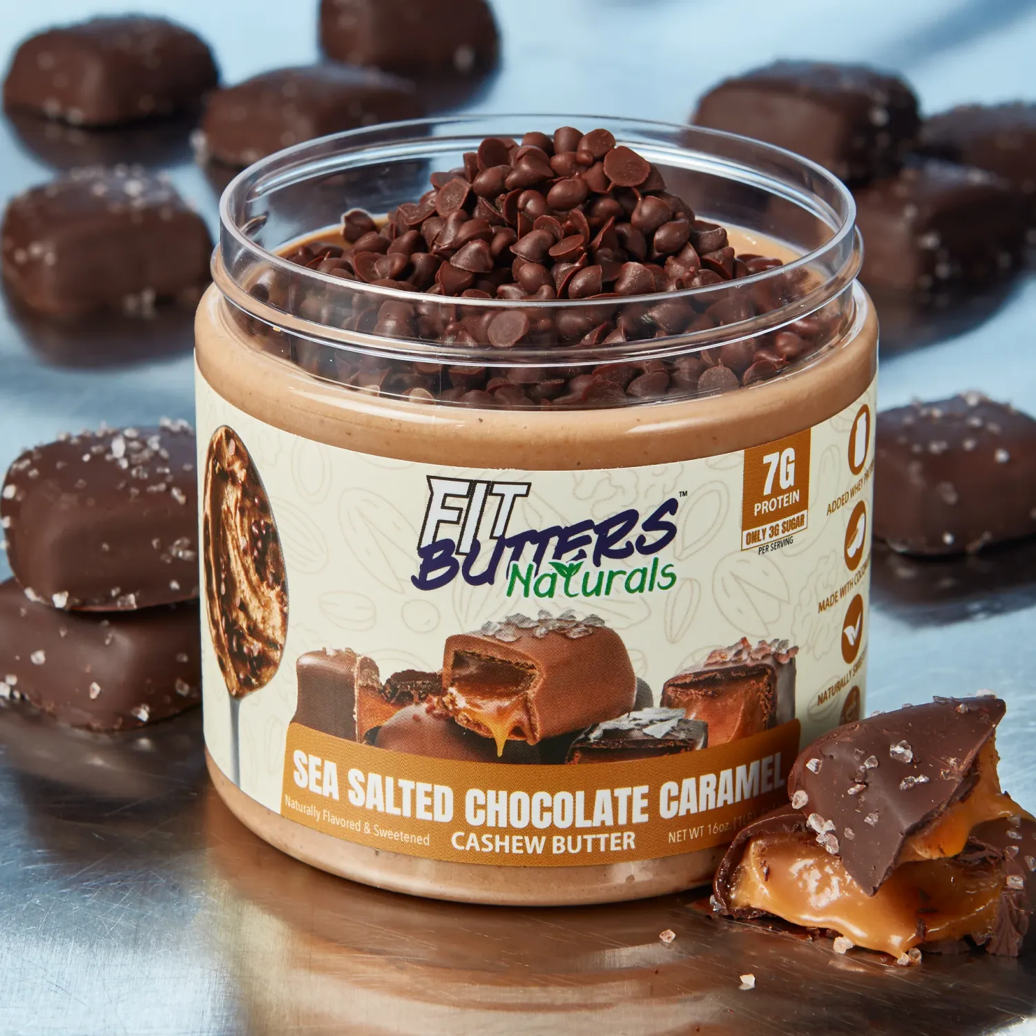 Fit Butters Naturals High-Protein Nut Butter Spreads, Flavor: Sea Salted Chocolate Caramel Cashew Butter, Size: 16 oz