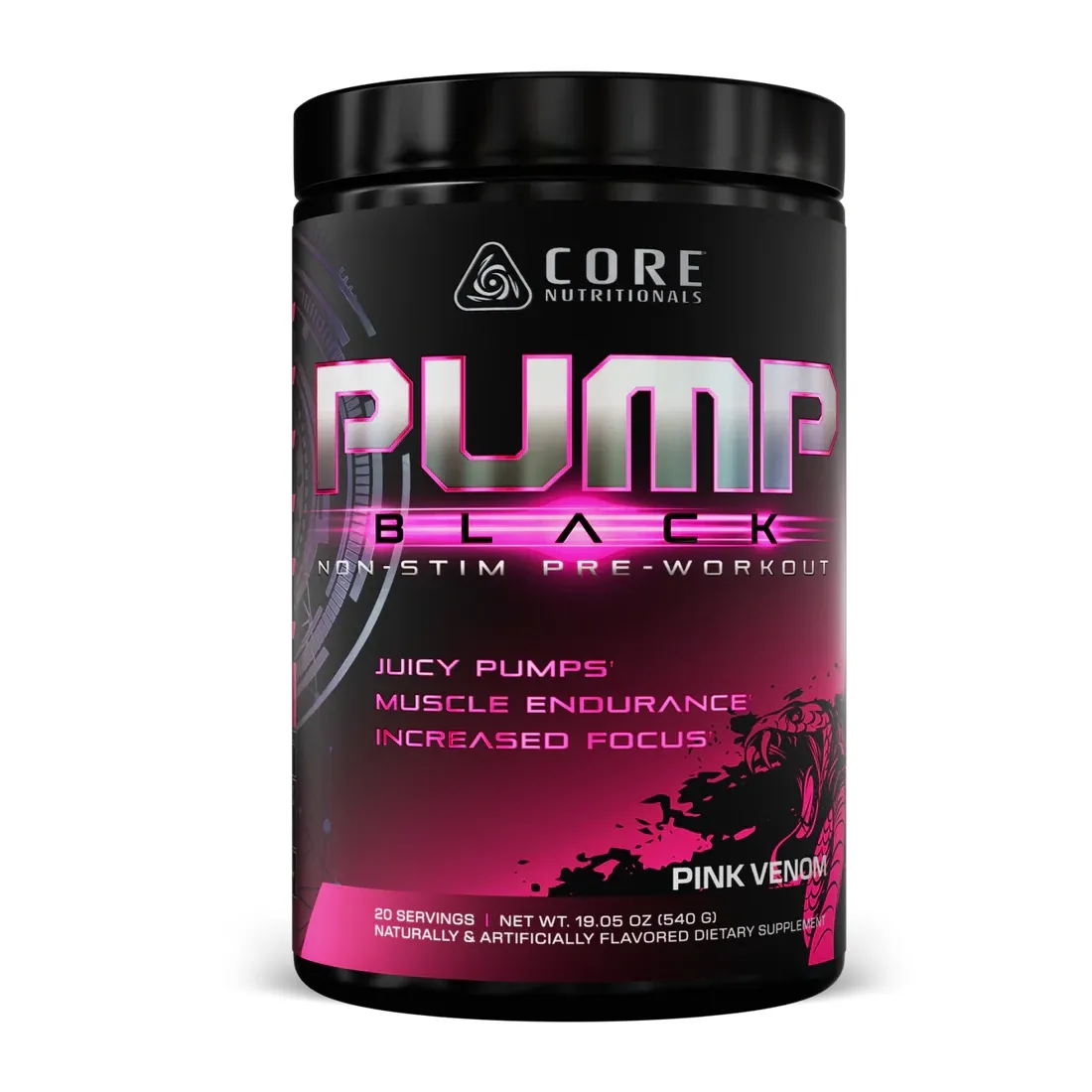 Core Nutritionals Pump Black non-stim pre-workout, pink venom flavor, 19.05oz container, black and pink label, for muscle endurance and pumps.