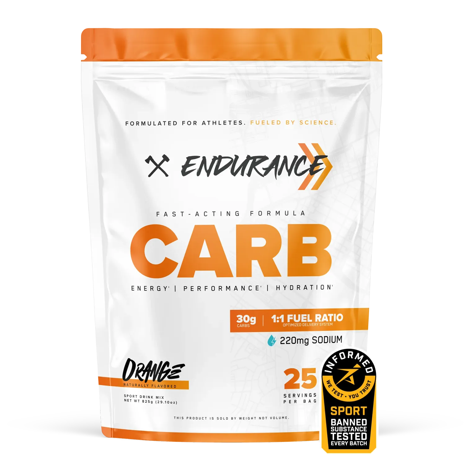 Axe &amp; Sledge Endurance Carb, orange flavor, 825g, 30g carbs per serving, 1:1 fuel ratio, 220mg sodium, sports nutrition supplement.