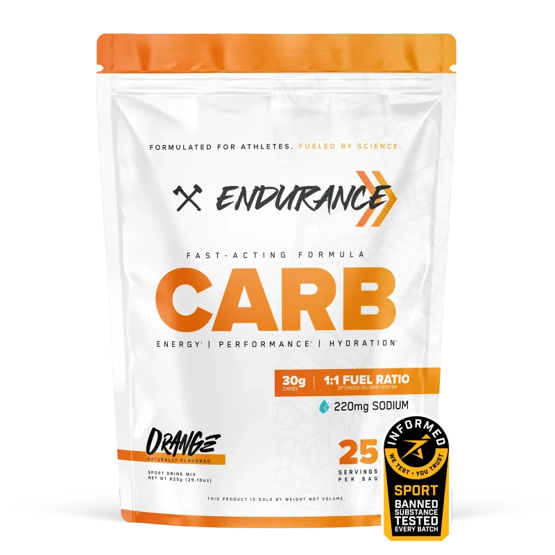 Axe &amp; Sledge Endurance Carb, orange flavor, 825g, 30g carbs per serving, 1:1 fuel ratio, 220mg sodium, sports nutrition supplement.