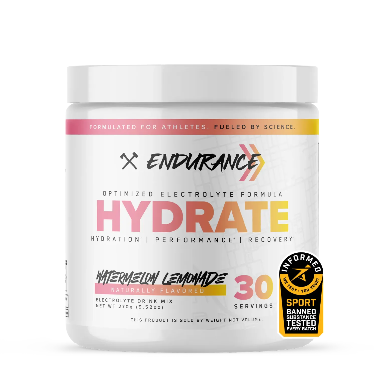 Axe &amp; Sledge Endurance Hydrate electrolyte drink mix, watermelon lemonade flavor, 270g, white container with pink, orange, and yellow label.