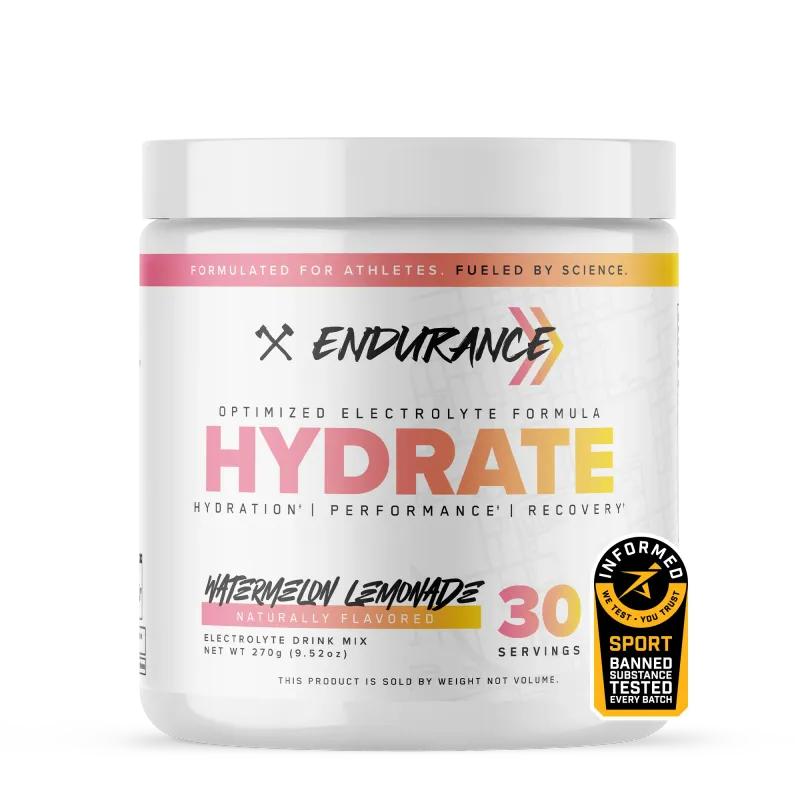 Axe &amp; Sledge Endurance Hydrate electrolyte drink mix, watermelon lemonade flavor, 270g, white container with pink, orange, and yellow label.