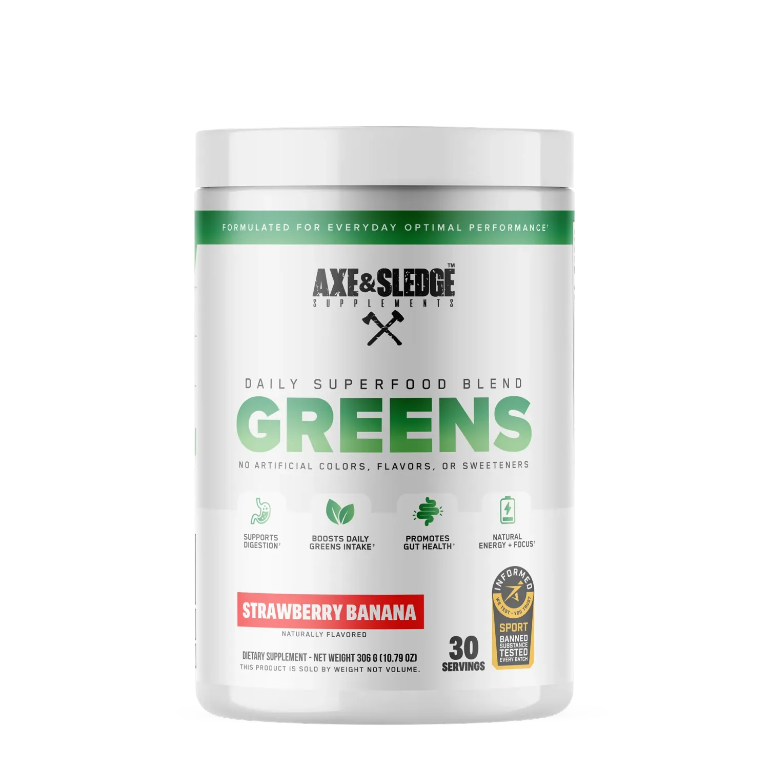 Axe &amp; Sledge Greens Daily Superfood Blend Powder, strawberry banana flavor, white container with green and black label, 30 servings, natural ingredients.