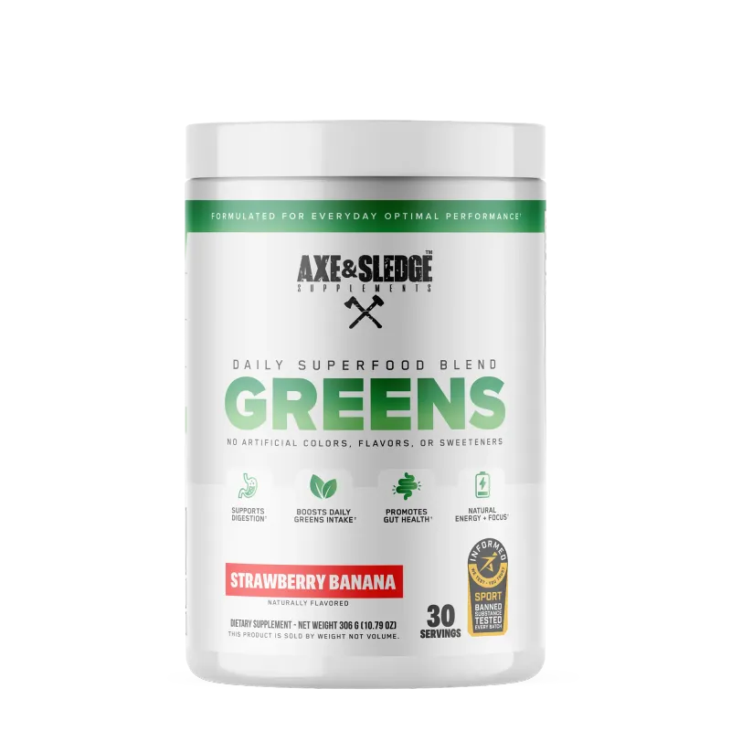 Axe &amp; Sledge Greens Daily Superfood Blend Powder, strawberry banana flavor, white container with green and black label, 30 servings, natural ingredients.