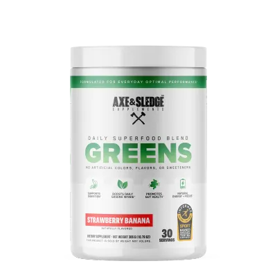 Axe &amp; Sledge Greens Daily Superfood Blend Powder, strawberry banana flavor, white container with green and black label, 30 servings, natural ingredients.