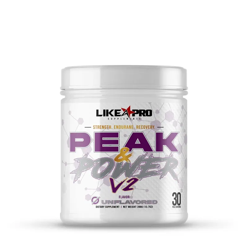 Like A Pro Peak &amp; Power Creatine Complex V2 unflavored supplement container with 30 servings, strength and performance support formula.