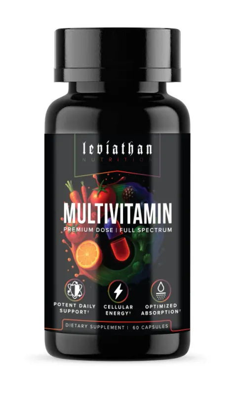 Leviathan Nutrition Multivitamin, a black bottle with 60 capsules, labeled as premium dose full spectrum daily supplement supporting energy and wellness.