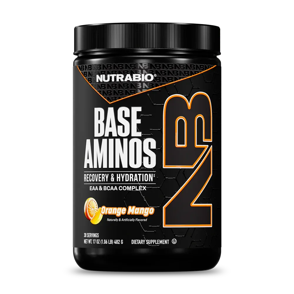 NutraBio Base Aminos, Orange Mango flavor, dietary supplement container with 30 servings, black bottle with white and orange label.