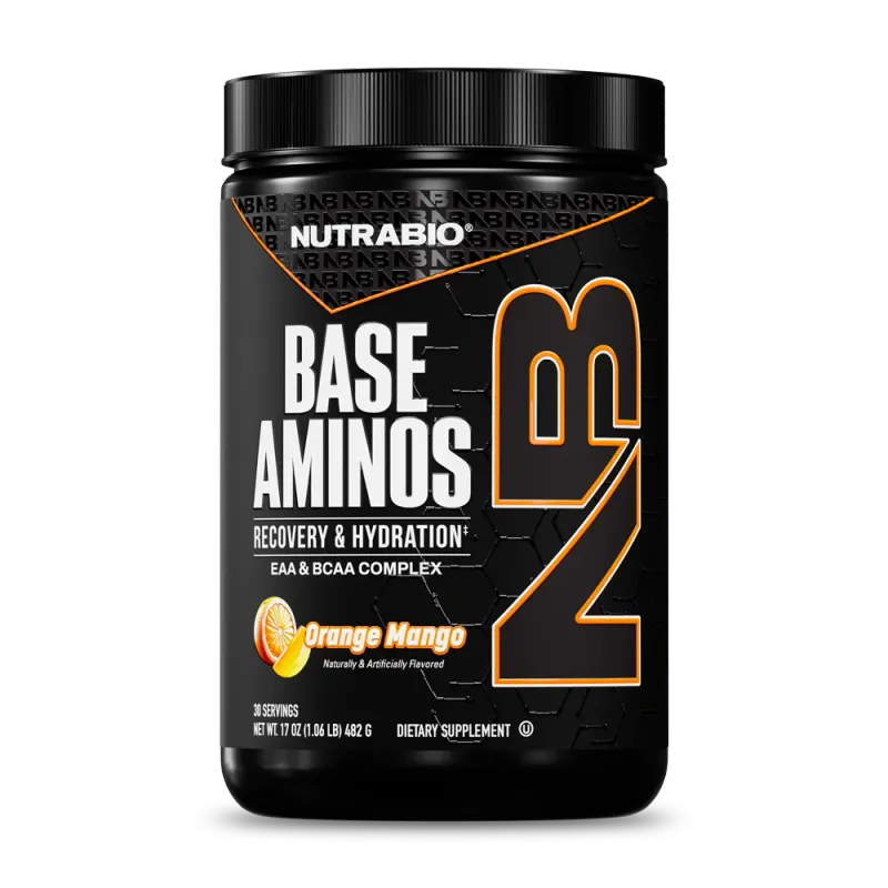 NutraBio Base Aminos, Orange Mango flavor, dietary supplement container with 30 servings, black bottle with white and orange label.