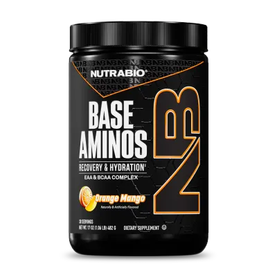 NutraBio Base Aminos, Orange Mango flavor, dietary supplement container with 30 servings, black bottle with white and orange label.