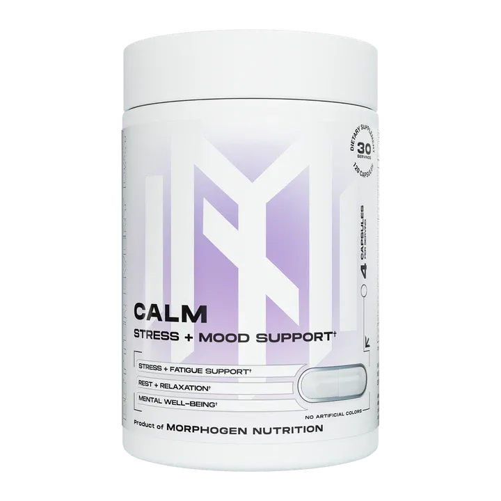 Morphogen Nutrition Calm supplement bottle, white with purple accents, labeled Stress + Mood Support, 30 servings.