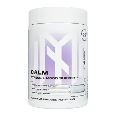 Morphogen Nutrition Calm Morphogen Nutrition Calm supplement bottle, white with purple accents, labeled Stress + Mood Support, 30 servings.