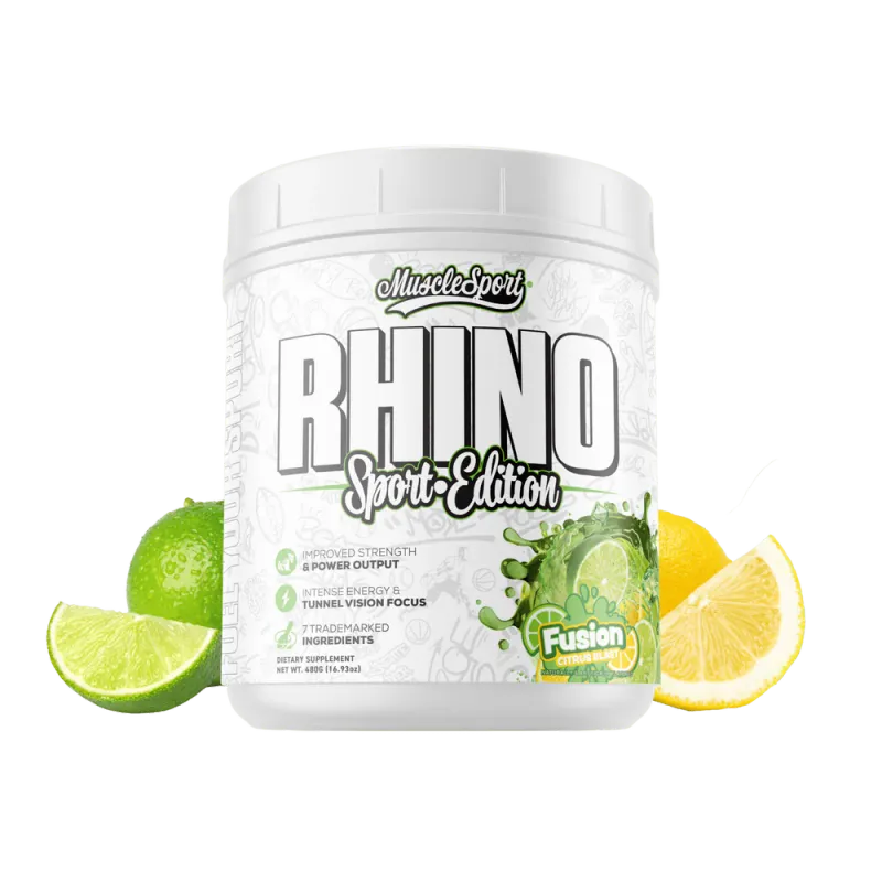MuscleSport Rhino Sport Edition pre-workout supplement container, white with green and black text, citrus flavor, surrounded by lime and lemon slices.