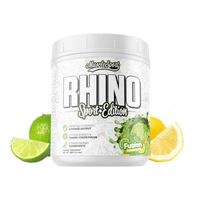 MuscleSport Rhino Sport Edition pre-workout supplement container, white with green and black text, citrus flavor, surrounded by lime and lemon slices.