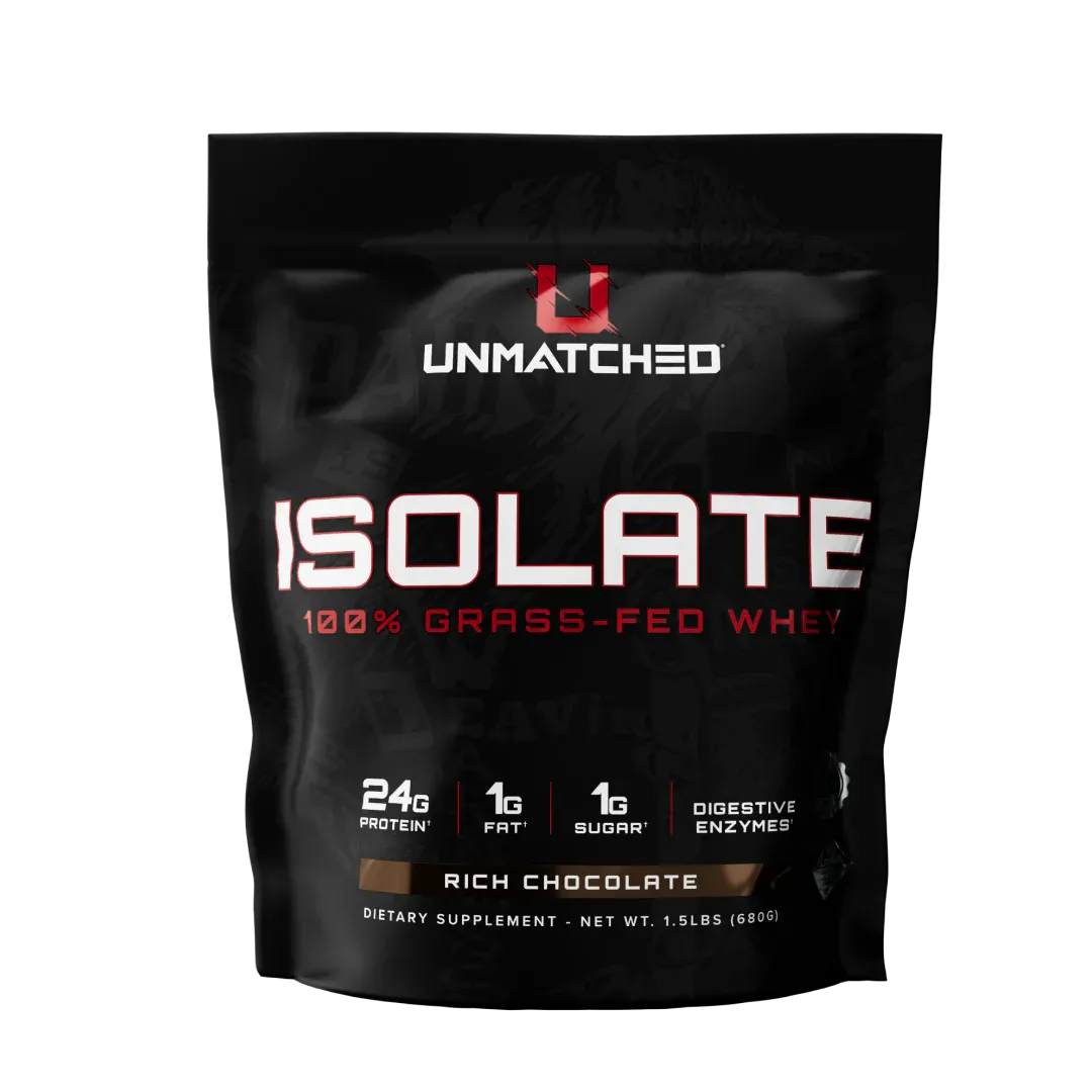 Unmatched Supps Isolate 1.5 lb, 100% grass-fed whey protein isolate, rich chocolate flavor, 24g protein, 1g fat, 1g sugar.