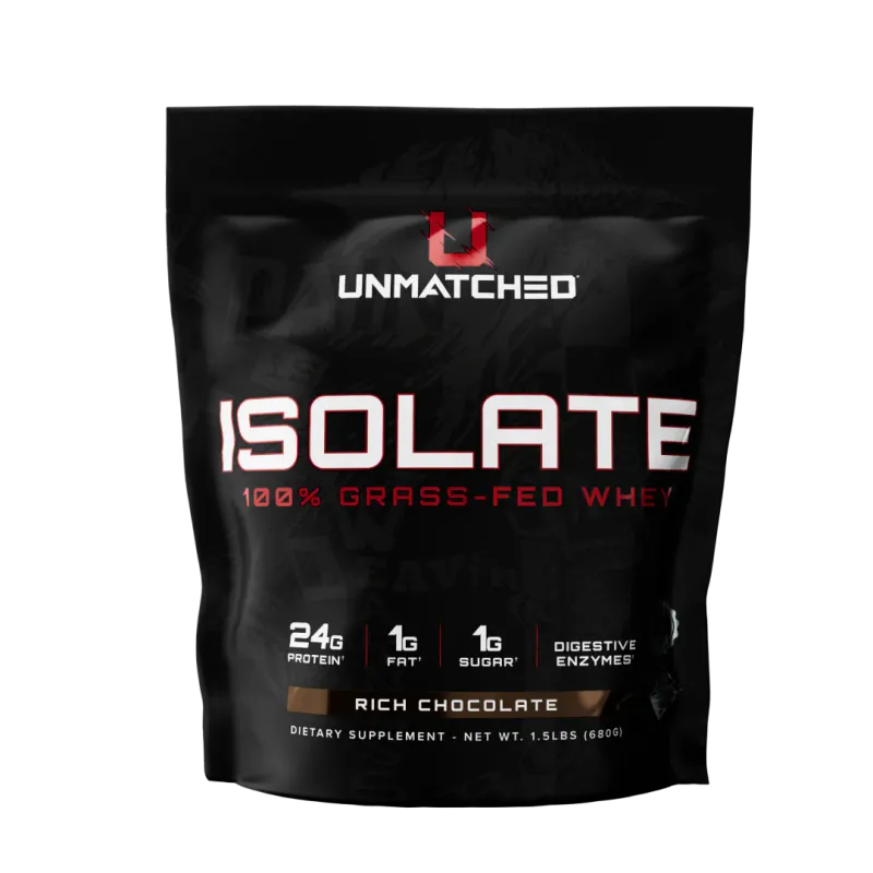 Unmatched Supps Isolate 1.5 lb, 100% grass-fed whey protein isolate, rich chocolate flavor, 24g protein, 1g fat, 1g sugar.
