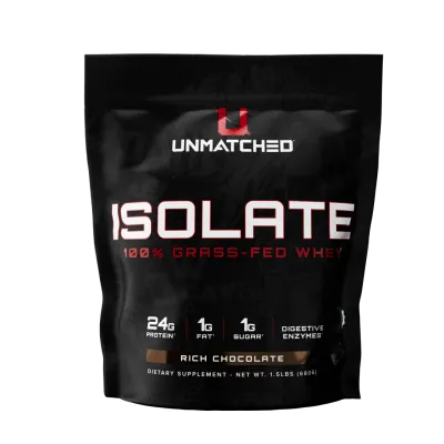Unmatched Supps Isolate 1.5 lb, 100% grass-fed whey protein isolate, rich chocolate flavor, 24g protein, 1g fat, 1g sugar.