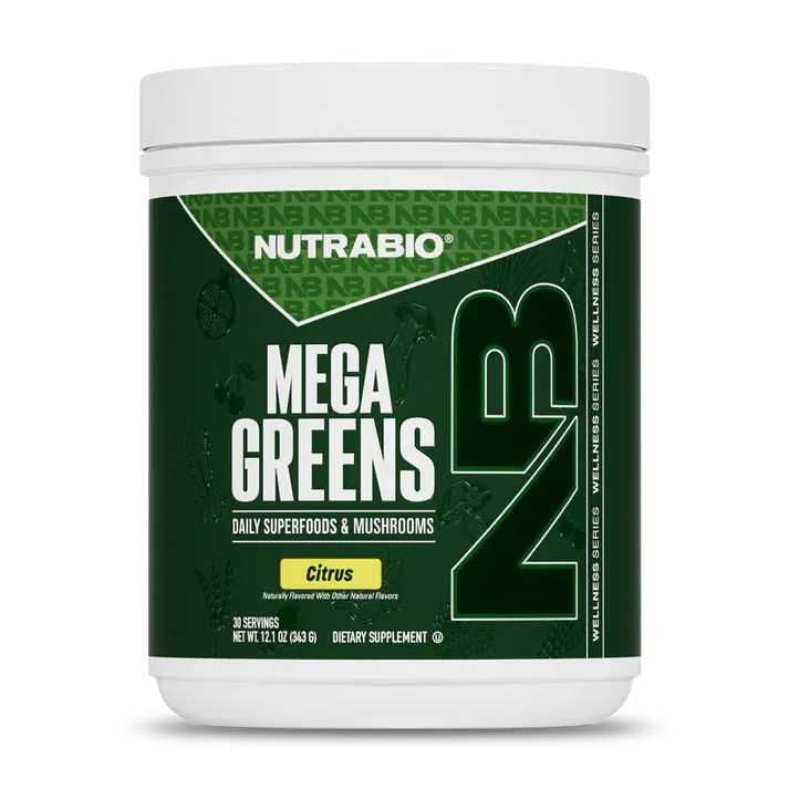 NutraBio Mega Greens daily superfoods powder, citrus flavor, white container with green label, featuring 30 servings, dietary supplement.