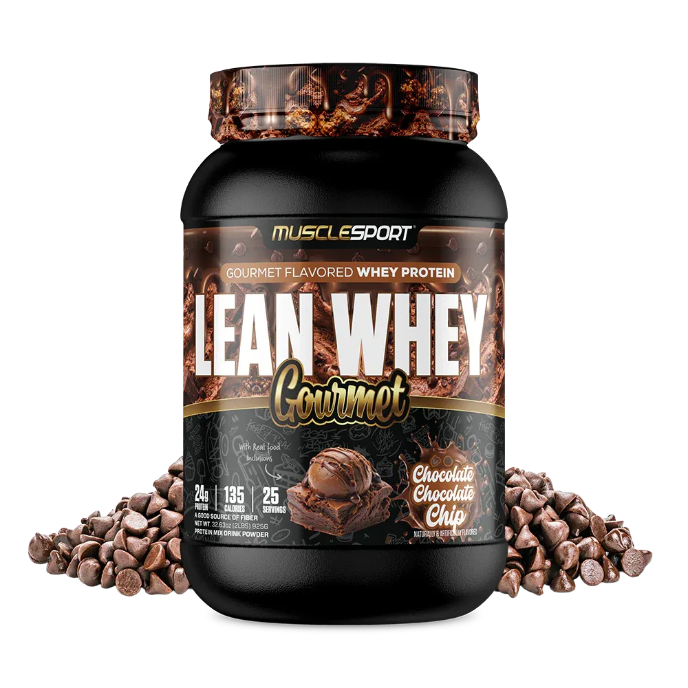 MuscleSport Lean Whey Gourmet protein powder container, chocolate chocolate chip flavor, 25g protein per serving, with chocolate chips.