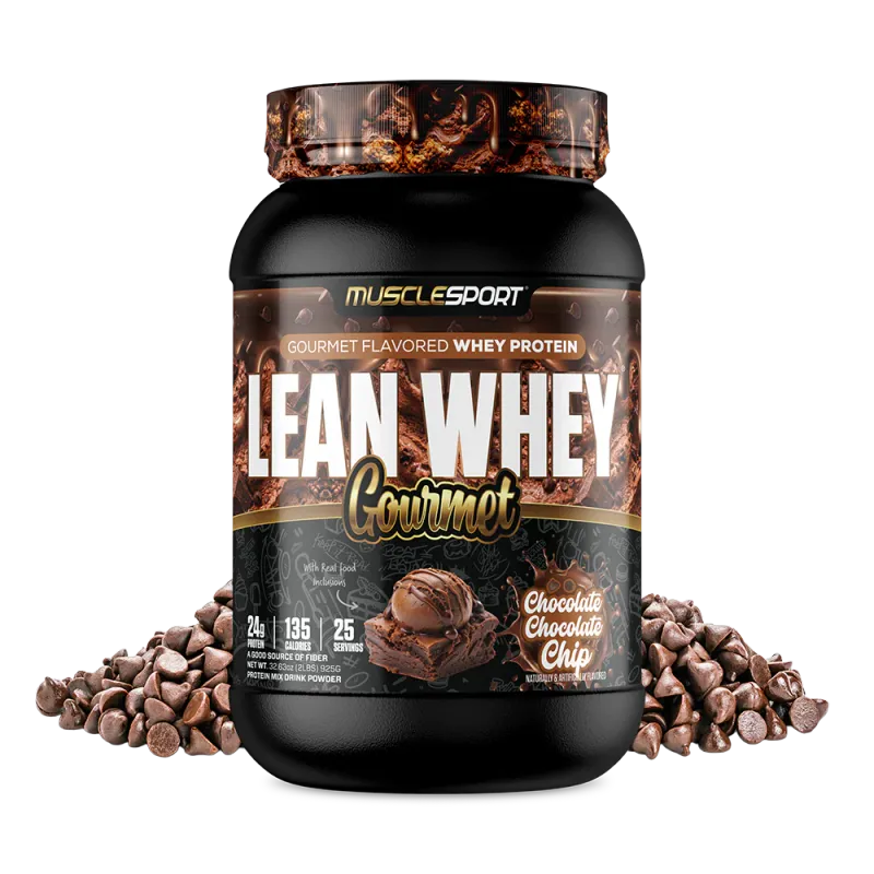 MuscleSport Lean Whey Gourmet protein powder container, chocolate chocolate chip flavor, 25g protein per serving, with chocolate chips.
