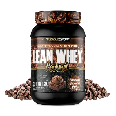 MuscleSport Lean Whey Gourmet protein powder container, chocolate chocolate chip flavor, 25g protein per serving, with chocolate chips.