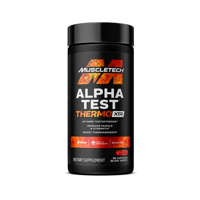 MuscleTech Alpha Test Thermo XTR dietary supplement, black container, 90 capsules, testosterone and thermogenic support formula.