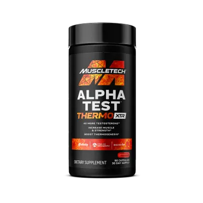 MuscleTech Alpha Test Thermo XTR dietary supplement, black container, 90 capsules, testosterone and thermogenic support formula.