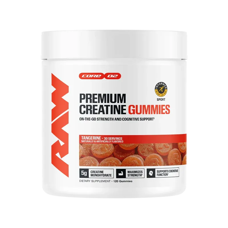 Raw Nutrition Creatine Gummies, 5g Creatine Monohydrate, tangerine flavor, 120 count, white container with orange accents, dietary supplement for strength support.