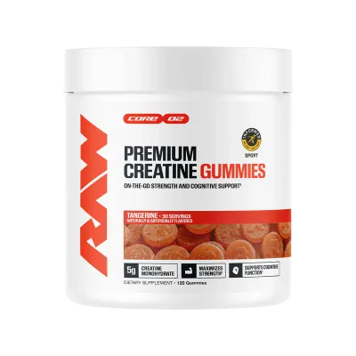 Raw Nutrition Creatine Gummies, 5g Creatine Monohydrate, tangerine flavor, 120 count, white container with orange accents, dietary supplement for strength support.