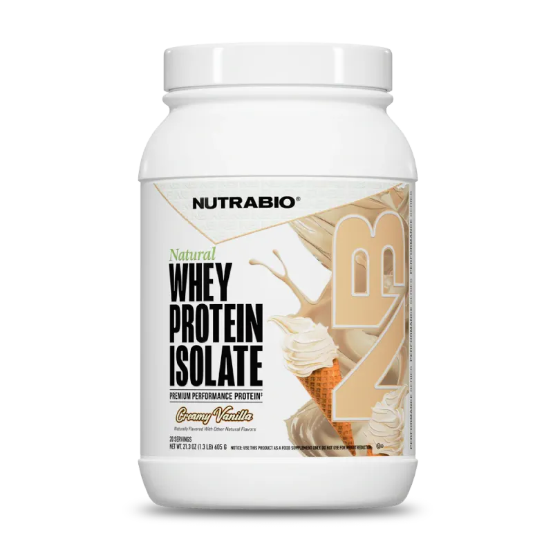 Nutrabio Natural Whey Protein Isolate, 25g protein, creamy vanilla flavor, white container with label featuring ice cream cone design.