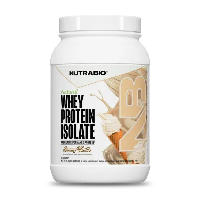 Nutrabio Natural Whey Protein Isolate, 25g protein, creamy vanilla flavor, white container with label featuring ice cream cone design.