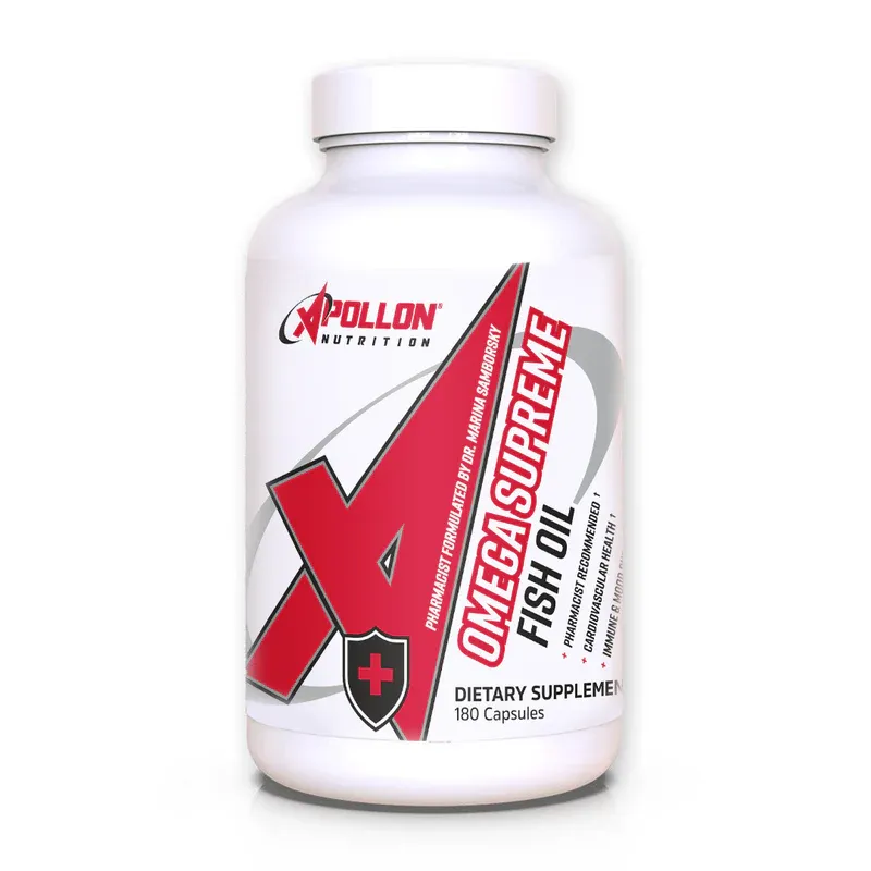 Apollon Nutrition Omega Supreme fish oil supplement bottle, 180 capsules, premium omega-3, EPA and DHA, Icelandic fish source.