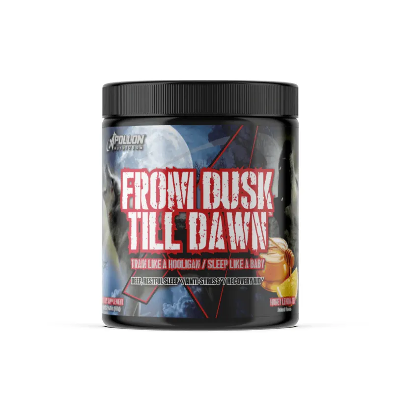 Apollon Nutrition From Dusk Till Dawn V2 supplement container, black with white and red text, supporting deep sleep and recovery.